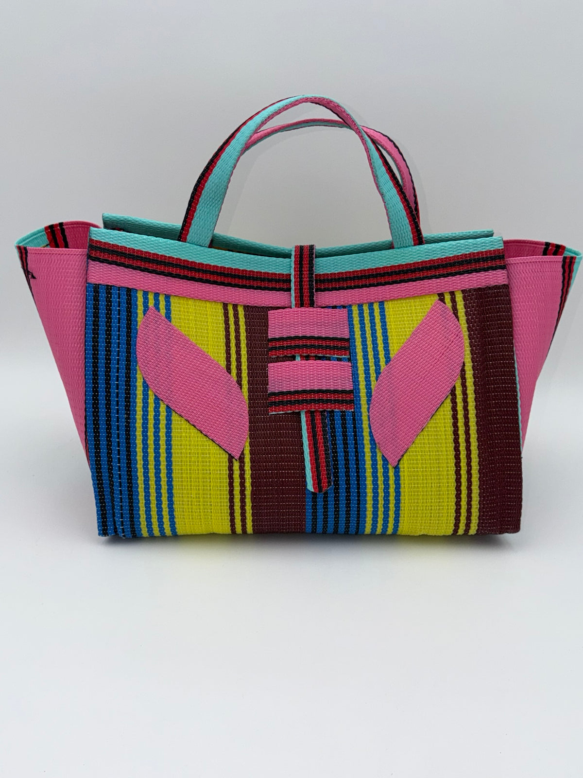 Sunshine Large handwoven tote bag by SCRUBIES in Pink,Teal,Blue,Yellow,Brown with Stripes design and Leaf accent pattern