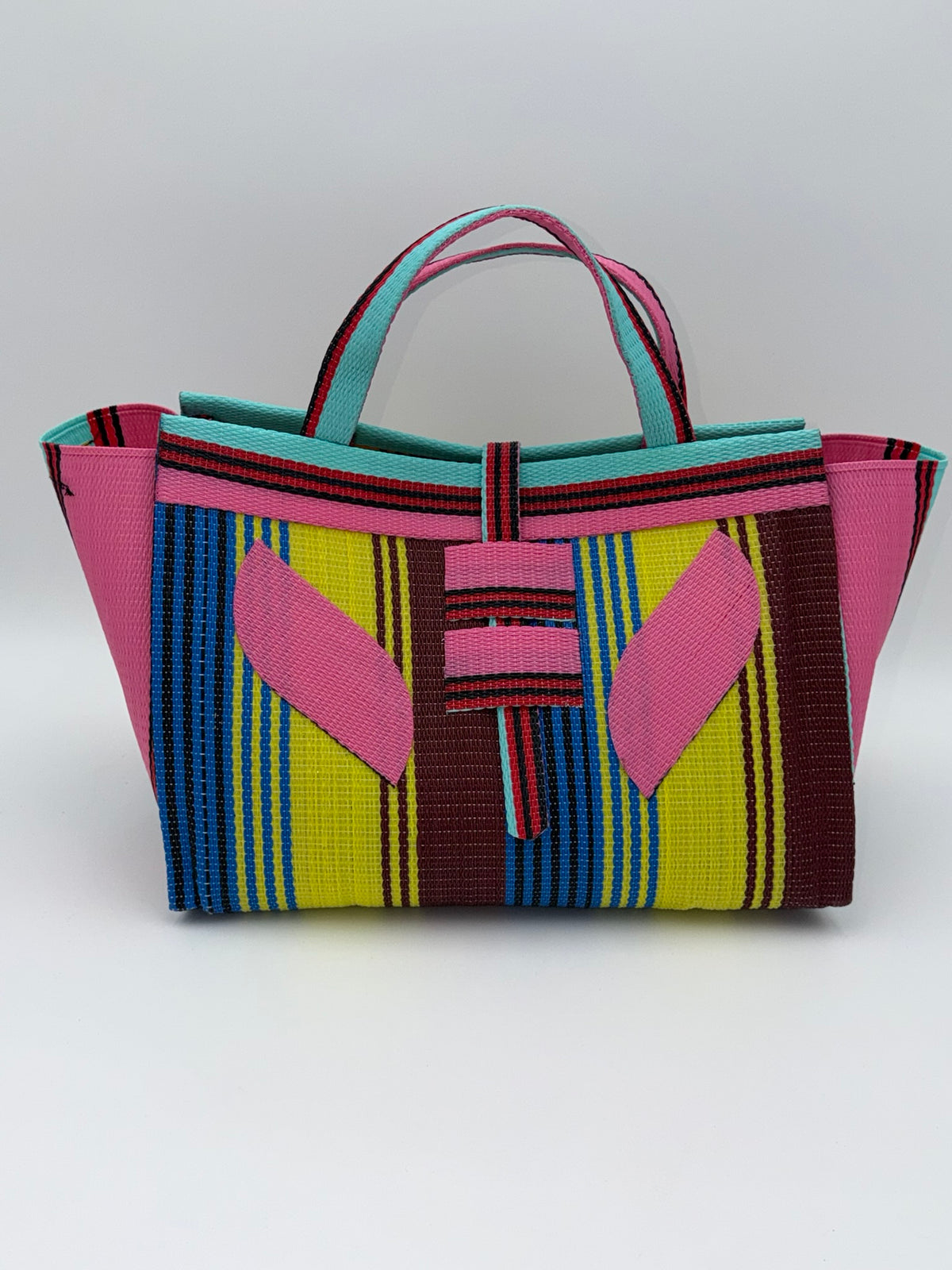 Sunshine Large handwoven tote bag by SCRUBIES in Pink,Teal,Blue,Yellow,Brown with Stripes design and Leaf accent pattern