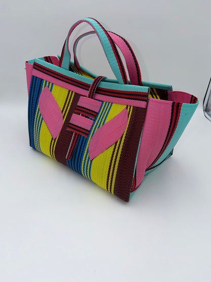 Sunshine Large handwoven tote bag by SCRUBIES in Pink,Teal,Blue,Yellow,Brown with Stripes design and Leaf accent pattern