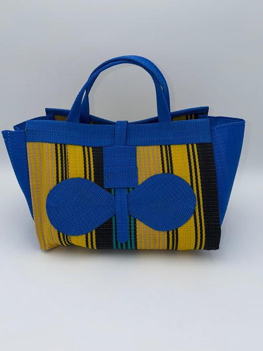 Lagoon Large handwoven tote bag by SCRUBIES in Blue,Yellow,Black,Green with Stripes design and Bow accent pattern