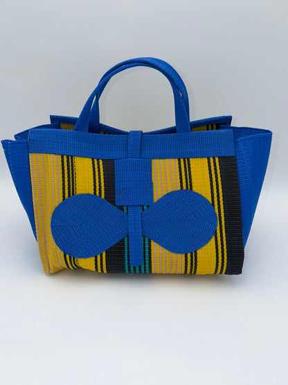 Lagoon Large handwoven tote bag by SCRUBIES in Blue,Yellow,Black,Green with Stripes design and Bow accent pattern