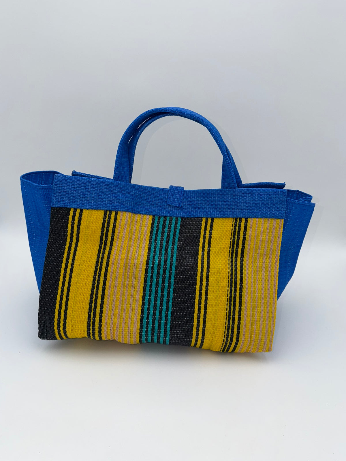 Lagoon Large handwoven tote bag by SCRUBIES in Blue,Yellow,Black,Green with Stripes design and Bow accent pattern