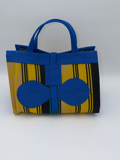 Lagoon Large handwoven tote bag by SCRUBIES in Blue,Yellow,Black,Green with Stripes design and Bow accent pattern
