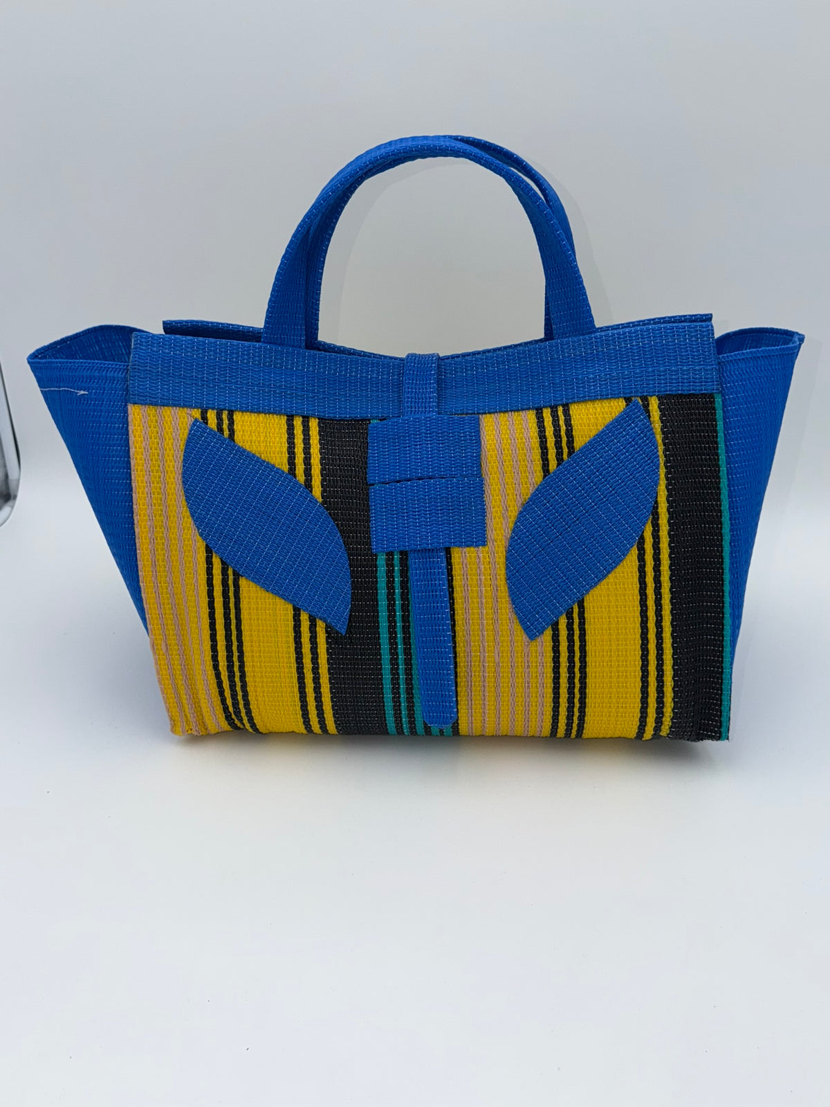 Lagoon Large handwoven tote bag by SCRUBIES in Blue,Yellow,Black,Green with Stripes design and Leaf accent pattern