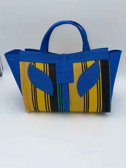 Lagoon Large handwoven tote bag by SCRUBIES in Blue,Yellow,Black,Green with Stripes design and Leaf accent pattern