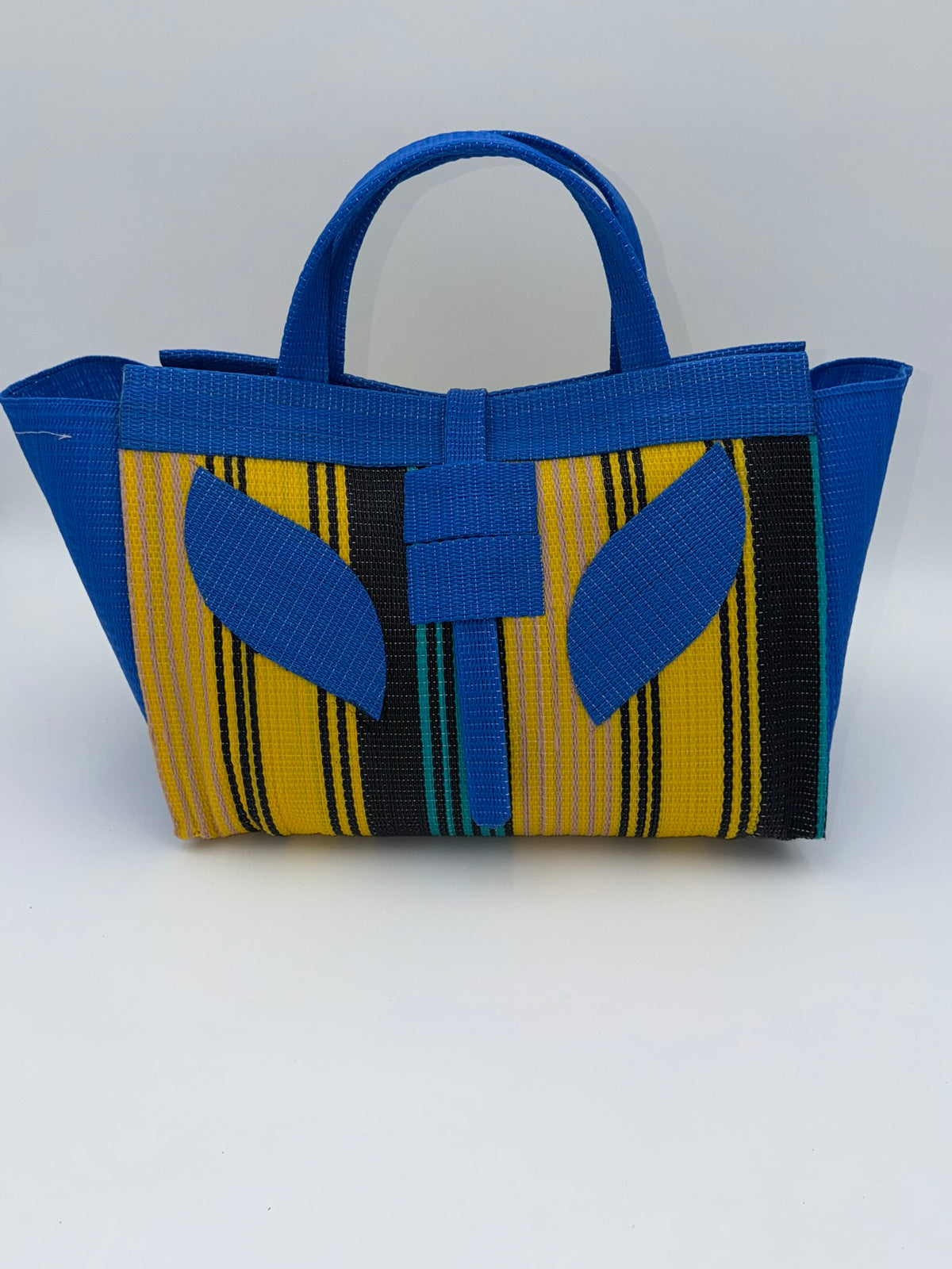 Lagoon Large handwoven tote bag by SCRUBIES in Blue,Yellow,Black,Green with Stripes design and Leaf accent pattern