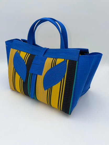 Lagoon Large handwoven tote bag by SCRUBIES in Blue,Yellow,Black,Green with Stripes design and Leaf accent pattern