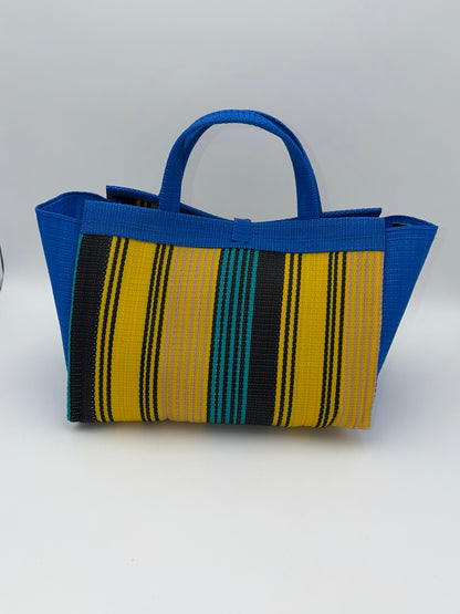 Lagoon Large handwoven tote bag by SCRUBIES in Blue,Yellow,Black,Green with Stripes design and Leaf accent pattern
