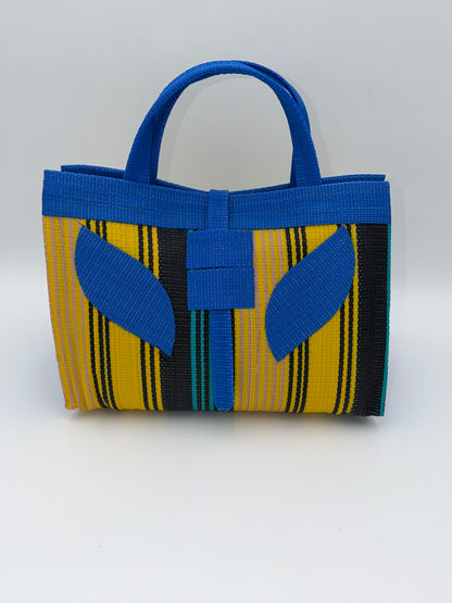 Lagoon Large handwoven tote bag by SCRUBIES in Blue,Yellow,Black,Green with Stripes design and Leaf accent pattern