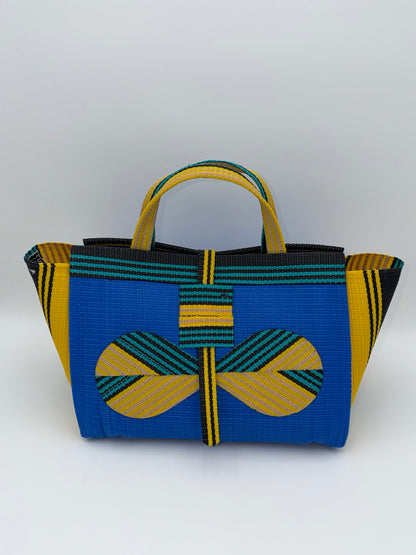 Lagoon Large handwoven tote bag by SCRUBIES in Blue,Yellow,Black,Green with Solid design and Bow accent pattern