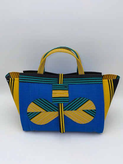 Lagoon Large handwoven tote bag by SCRUBIES in Blue,Yellow,Black,Green with Solid design and Bow accent pattern