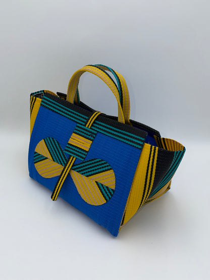 Lagoon Large handwoven tote bag by SCRUBIES in Blue,Yellow,Black,Green with Solid design and Bow accent pattern