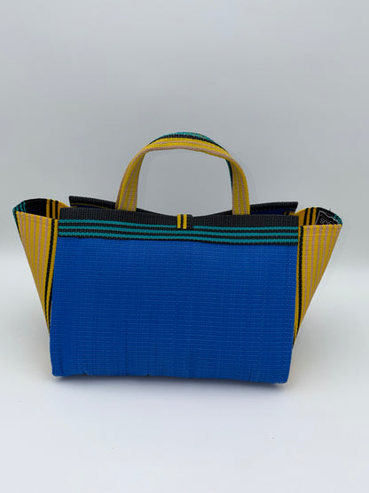 Lagoon Large handwoven tote bag by SCRUBIES in Blue,Yellow,Black,Green with Solid design and Bow accent pattern