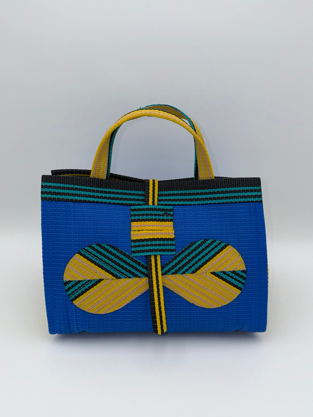 Lagoon Large handwoven tote bag by SCRUBIES in Blue,Yellow,Black,Green with Solid design and Bow accent pattern