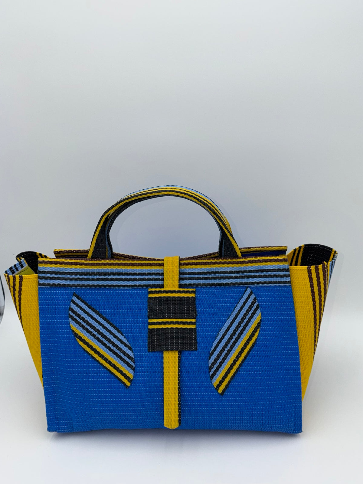 Lagoon Large handwoven tote bag by SCRUBIES in Blue,Yellow,Black, with Solid design and Leaf accent pattern