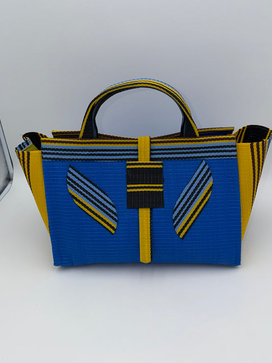 Lagoon Large handwoven tote bag by SCRUBIES in Blue,Yellow,Black, with Solid design and Leaf accent pattern