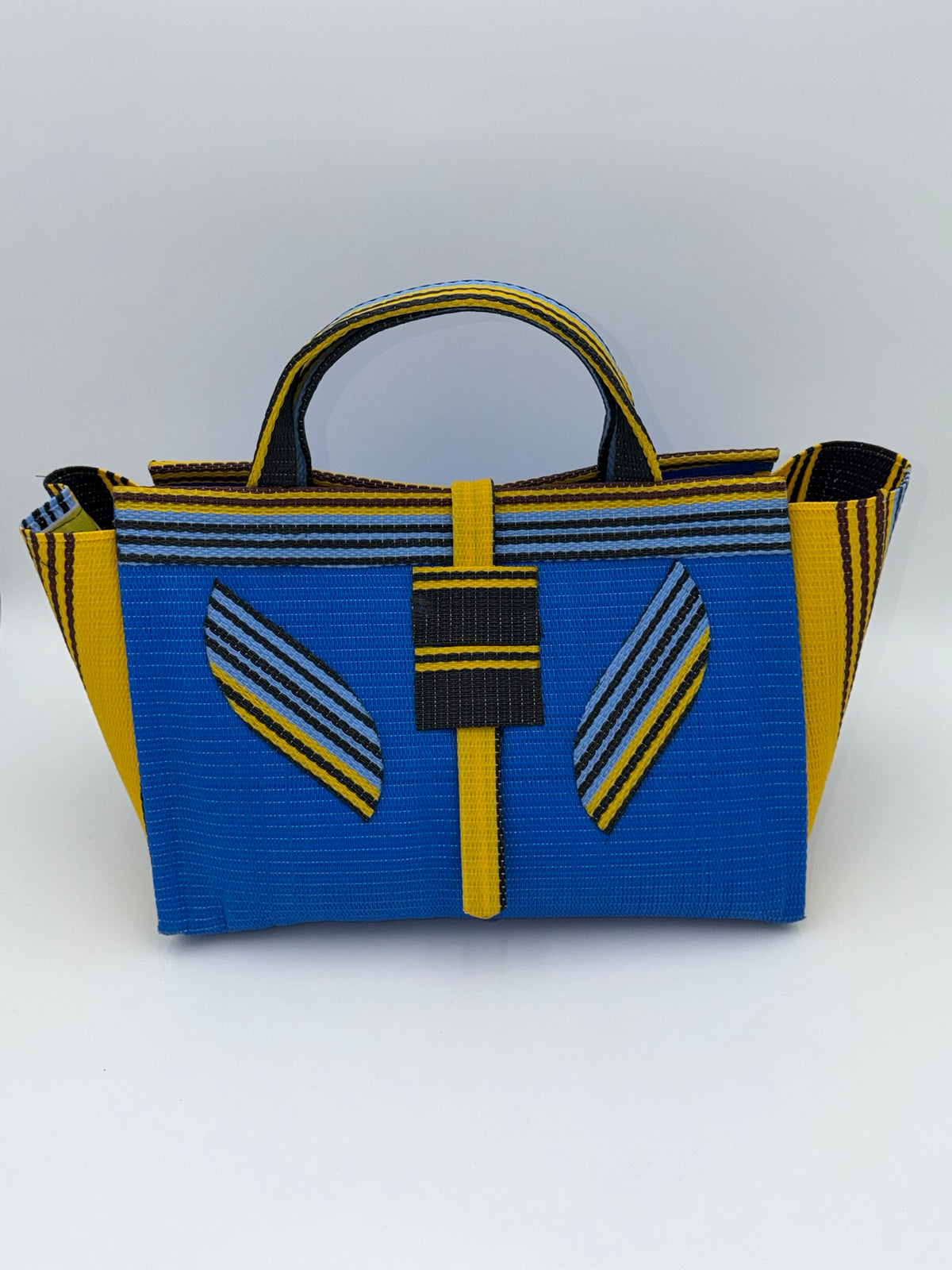 Lagoon Large handwoven tote bag by SCRUBIES in Blue,Yellow,Black, with Solid design and Leaf accent pattern