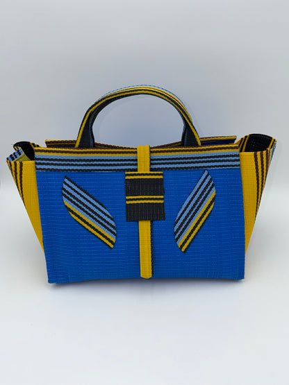 Lagoon Large handwoven tote bag by SCRUBIES in Blue,Yellow,Black, with Solid design and Leaf accent pattern