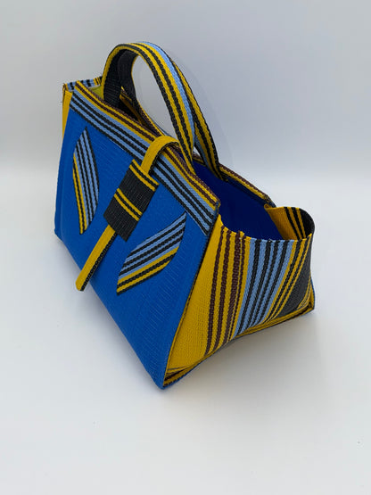 Lagoon Large handwoven tote bag by SCRUBIES in Blue,Yellow,Black, with Solid design and Leaf accent pattern