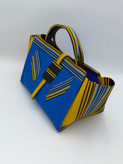 Lagoon Large handwoven tote bag by SCRUBIES in Blue,Yellow,Black, with Solid design and Leaf accent pattern
