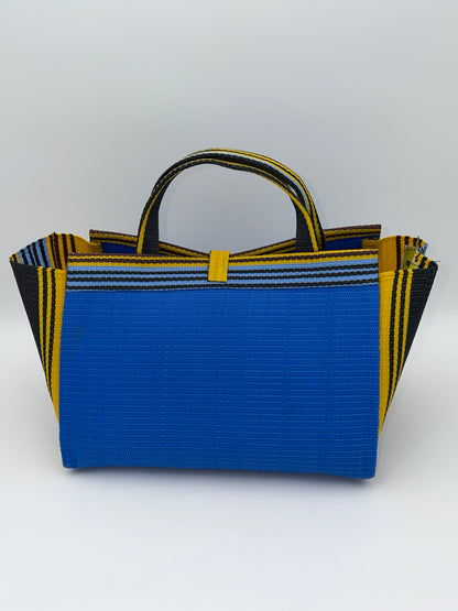 Lagoon Large handwoven tote bag by SCRUBIES in Blue,Yellow,Black, with Solid design and Leaf accent pattern