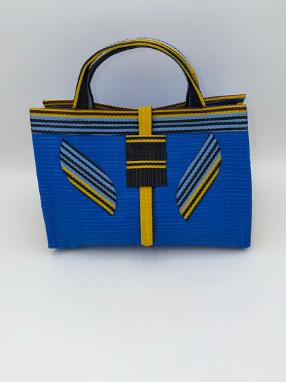 Lagoon Large handwoven tote bag by SCRUBIES in Blue,Yellow,Black, with Solid design and Leaf accent pattern