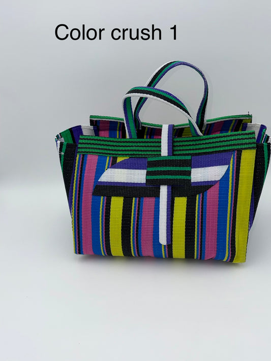 Sunshine Large handwoven tote bag by SCRUBIES in Yellow,Pink,White,Blue,Green,Purple with Stripes design and Almond accent pattern