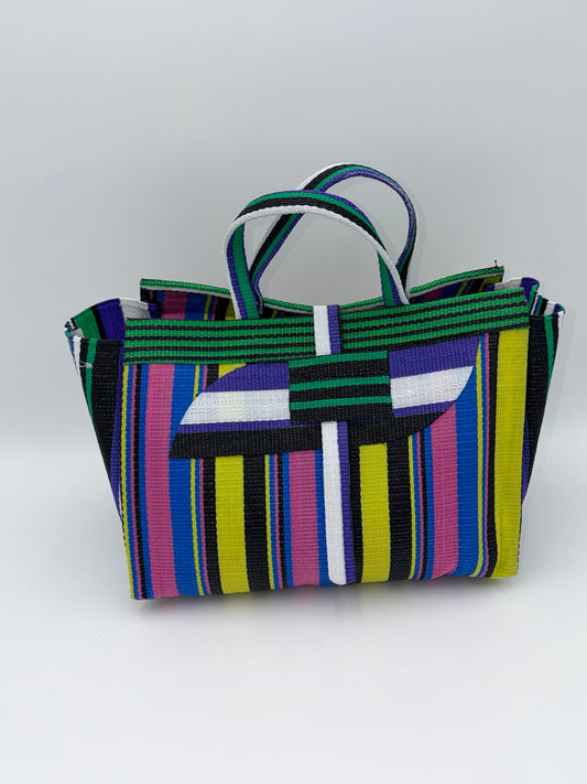 Sunshine Large handwoven tote bag by SCRUBIES in Yellow,Pink,White,Blue,Green,Purple with Stripes design and Almond accent pattern
