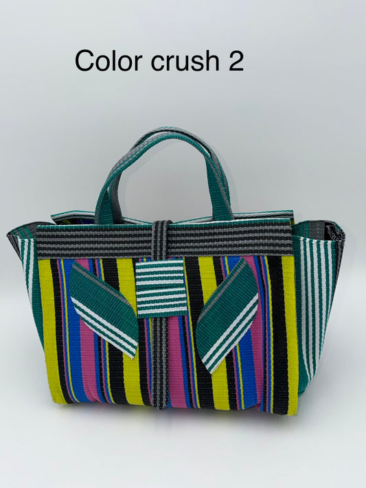 Sunshine Large handwoven tote bag by SCRUBIES in Yellow,Blue,Pink,Grey,Green with Stripes design and Leaf accent pattern