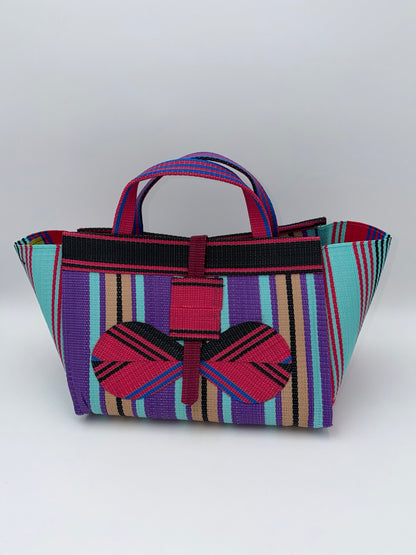 Candy Large handwoven tote bag by SCRUBIES in Teal,Purple,Beige,Black,Pink with Stripes design and Bow accent pattern