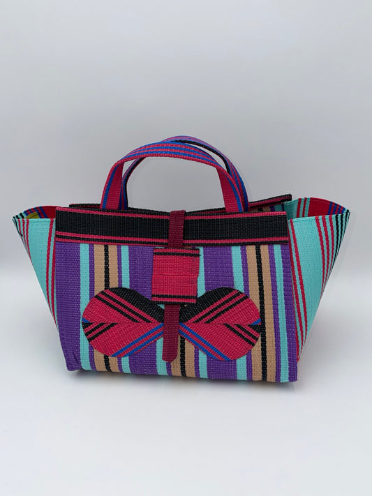 Candy Large handwoven tote bag by SCRUBIES in Teal,Purple,Beige,Black,Pink with Stripes design and Bow accent pattern
