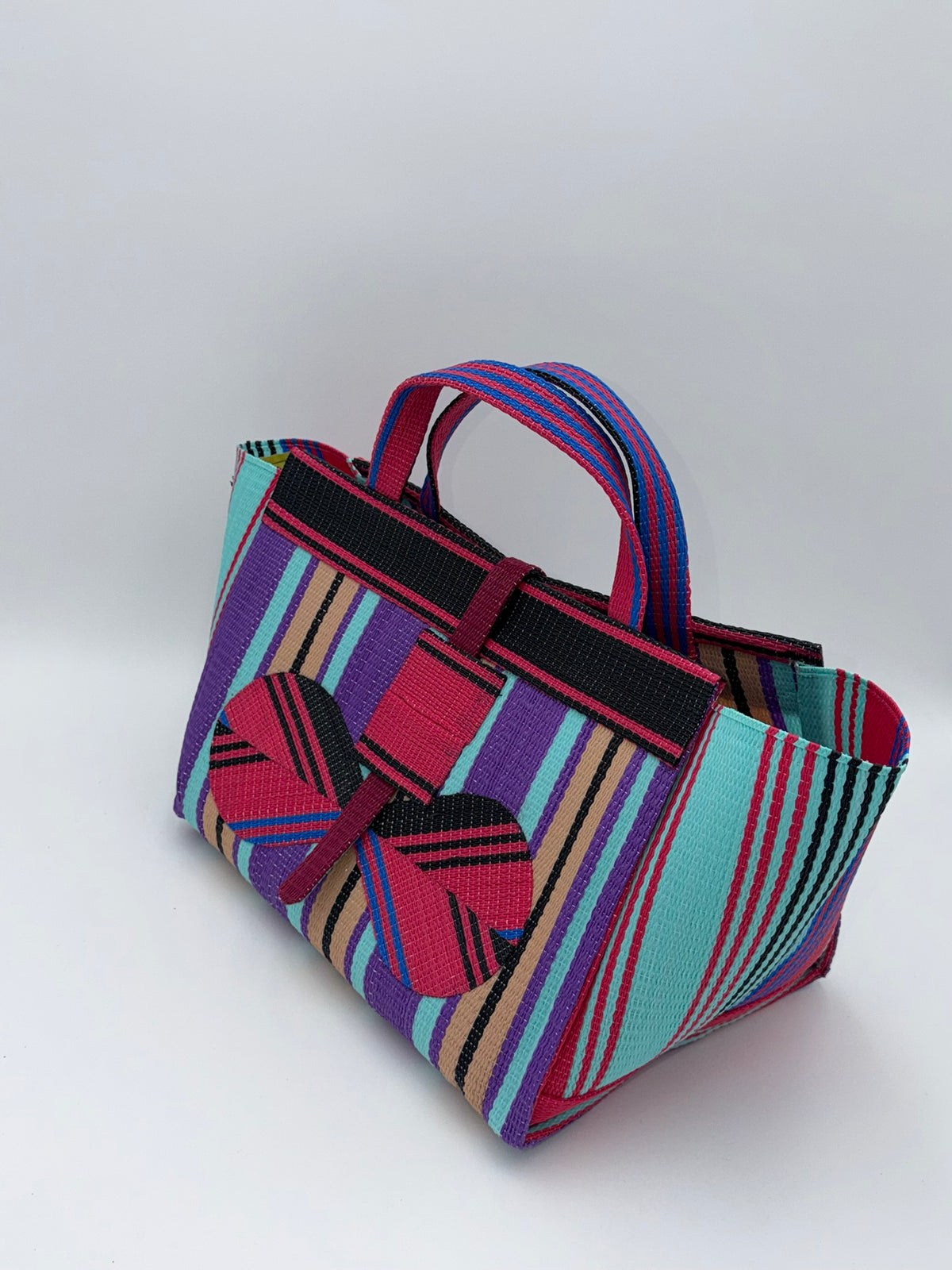 Candy Large handwoven tote bag by SCRUBIES in Teal,Purple,Beige,Black,Pink with Stripes design and Bow accent pattern