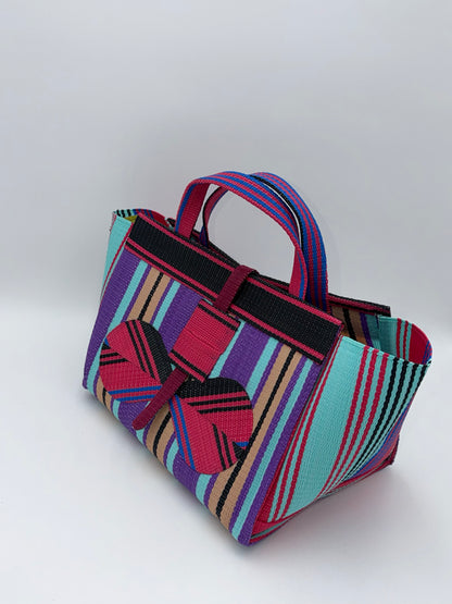 Candy Large handwoven tote bag by SCRUBIES in Teal,Purple,Beige,Black,Pink with Stripes design and Bow accent pattern