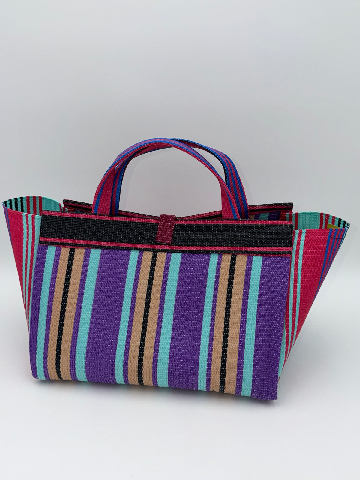 Candy Large handwoven tote bag by SCRUBIES in Teal,Purple,Beige,Black,Pink with Stripes design and Bow accent pattern