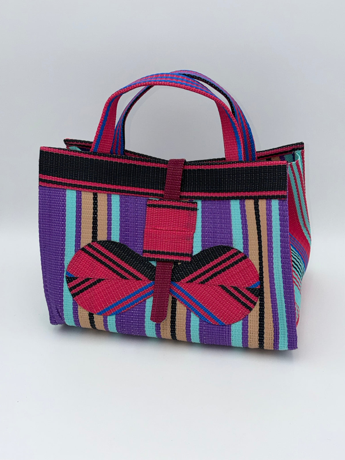 Candy Large handwoven tote bag by SCRUBIES in Teal,Purple,Beige,Black,Pink with Stripes design and Bow accent pattern