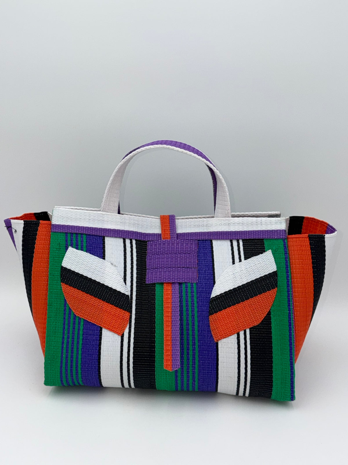 Emerald Large handwoven tote bag by SCRUBIES in White,Black,Green,Purple with Stripes design and Leaf accent pattern