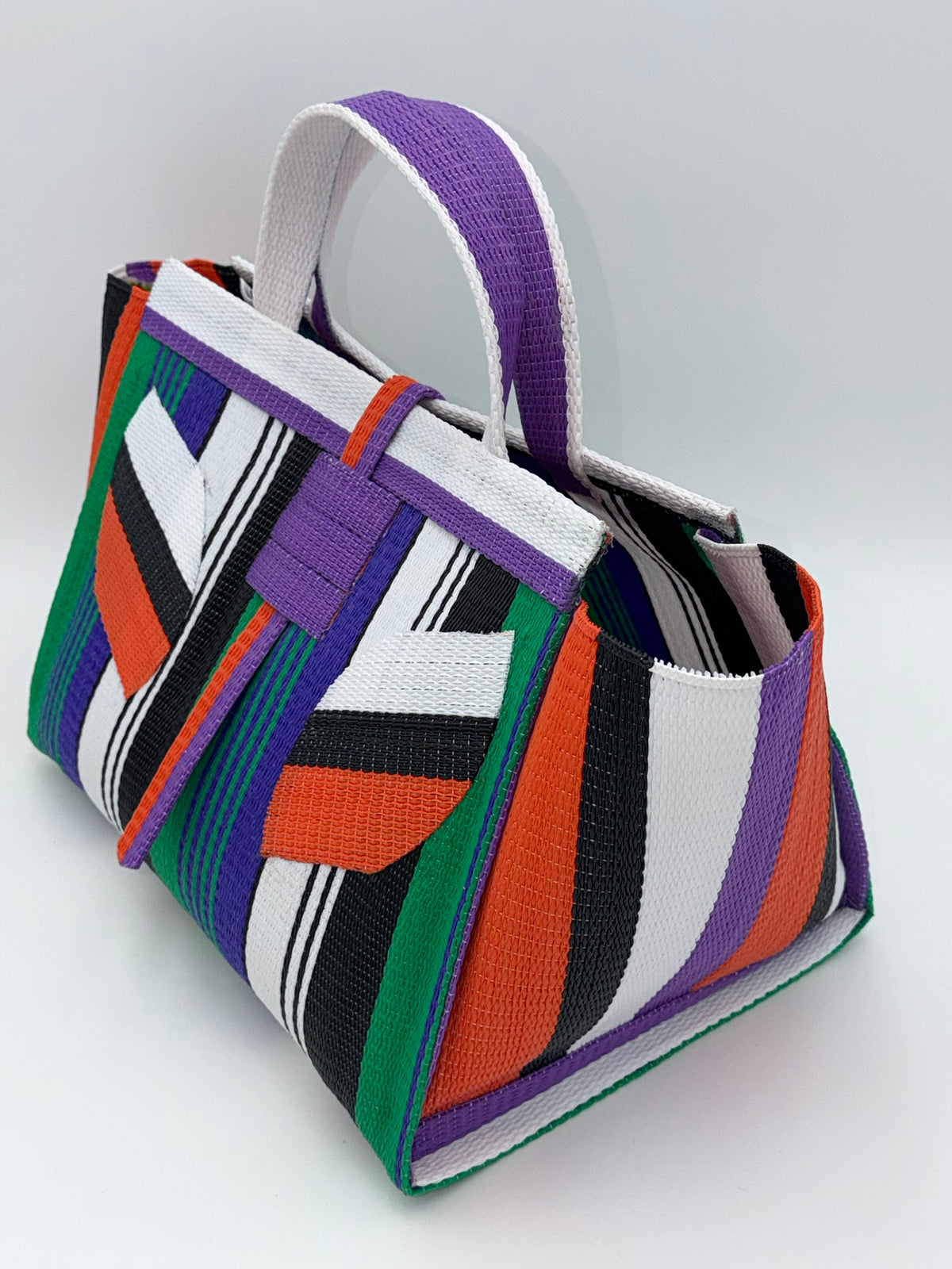 Emerald Large handwoven tote bag by SCRUBIES in White,Black,Green,Purple with Stripes design and Leaf accent pattern