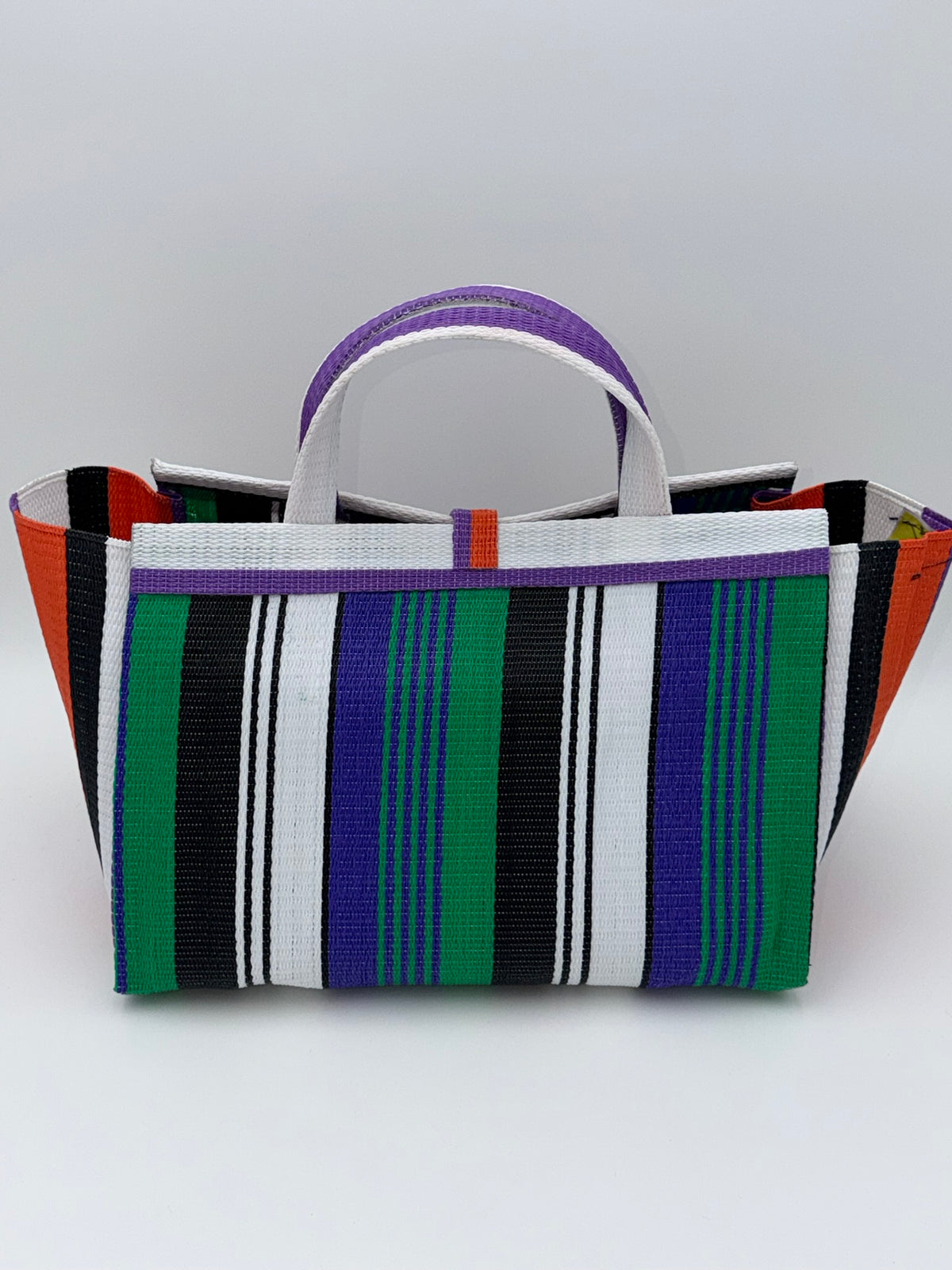 Emerald Large handwoven tote bag by SCRUBIES in White,Black,Green,Purple with Stripes design and Leaf accent pattern