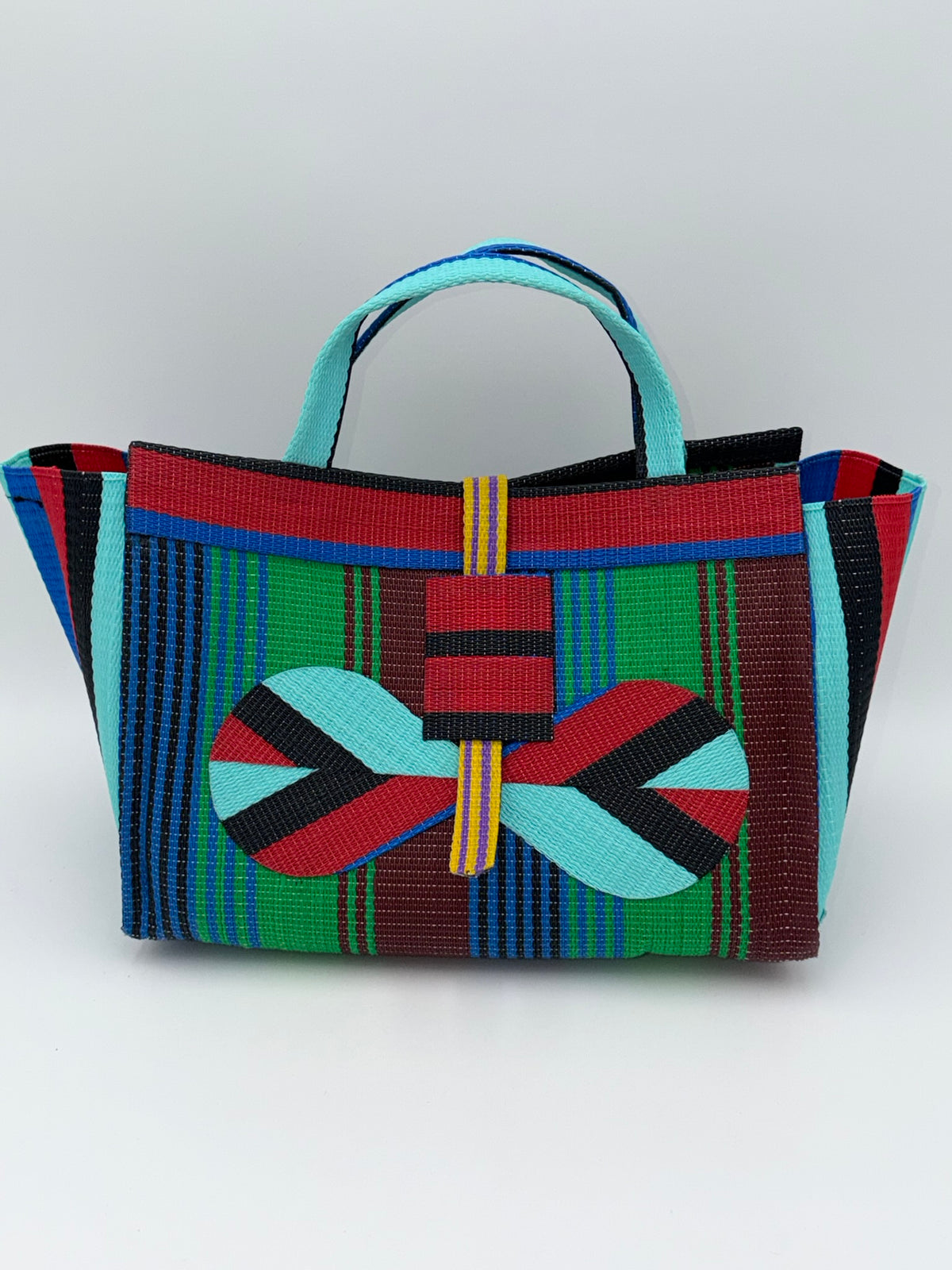 Emerald Large handwoven tote bag by SCRUBIES in Teal,Red,Black,Green,Blue,Brown with Stripes design and Bow accent pattern