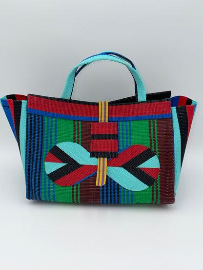 Emerald Large handwoven tote bag by SCRUBIES in Teal,Red,Black,Green,Blue,Brown with Stripes design and Bow accent pattern