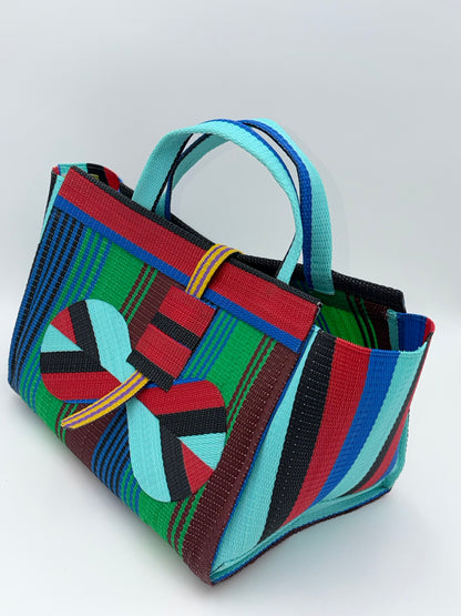 Emerald Large handwoven tote bag by SCRUBIES in Teal,Red,Black,Green,Blue,Brown with Stripes design and Bow accent pattern