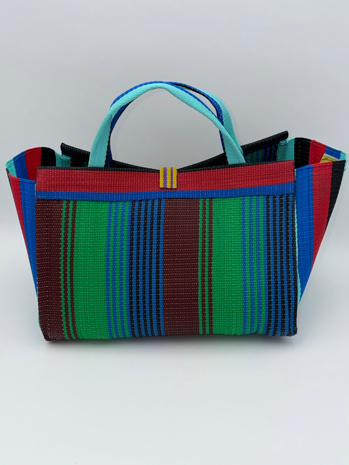 Emerald Large handwoven tote bag by SCRUBIES in Teal,Red,Black,Green,Blue,Brown with Stripes design and Bow accent pattern