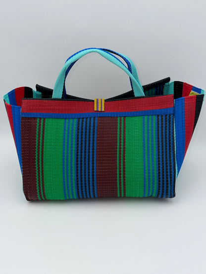 Emerald Large handwoven tote bag by SCRUBIES in Teal,Red,Black,Green,Blue,Brown with Stripes design and Bow accent pattern
