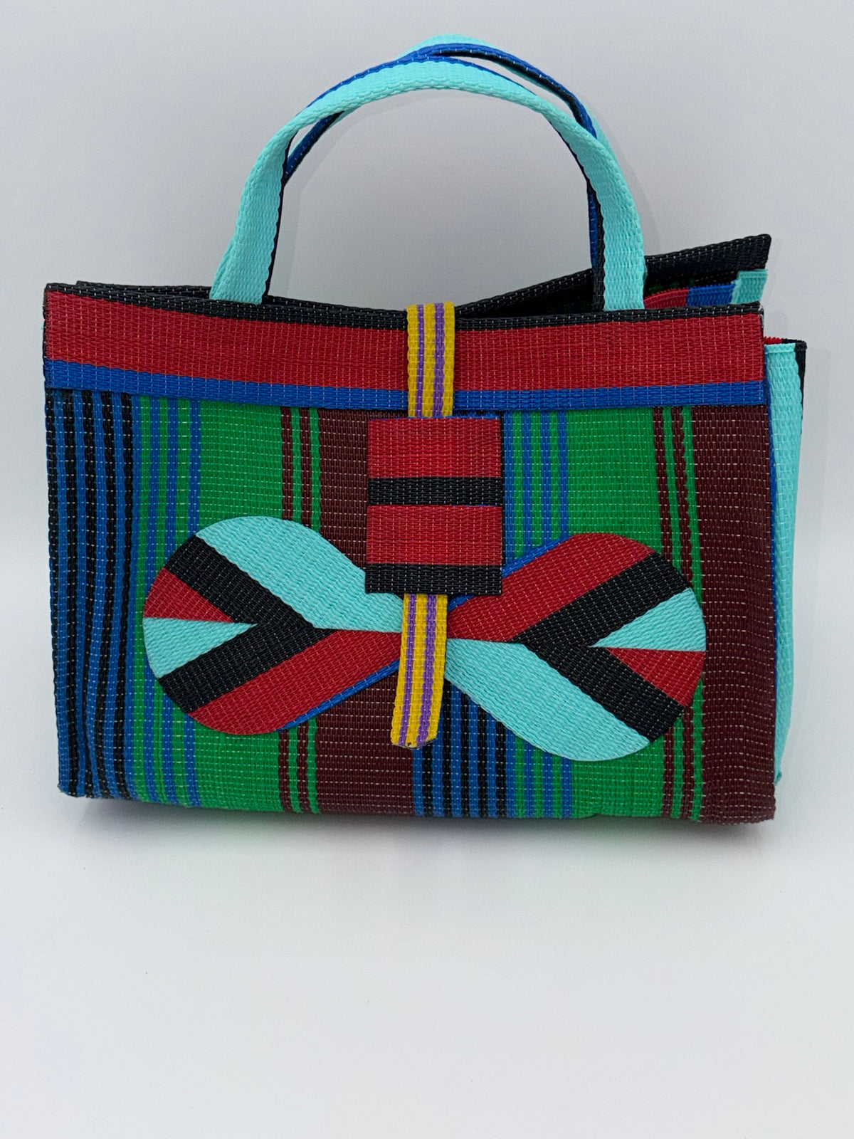 Emerald Large handwoven tote bag by SCRUBIES in Teal,Red,Black,Green,Blue,Brown with Stripes design and Bow accent pattern