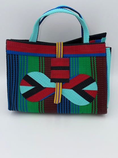 Emerald Large handwoven tote bag by SCRUBIES in Teal,Red,Black,Green,Blue,Brown with Stripes design and Bow accent pattern
