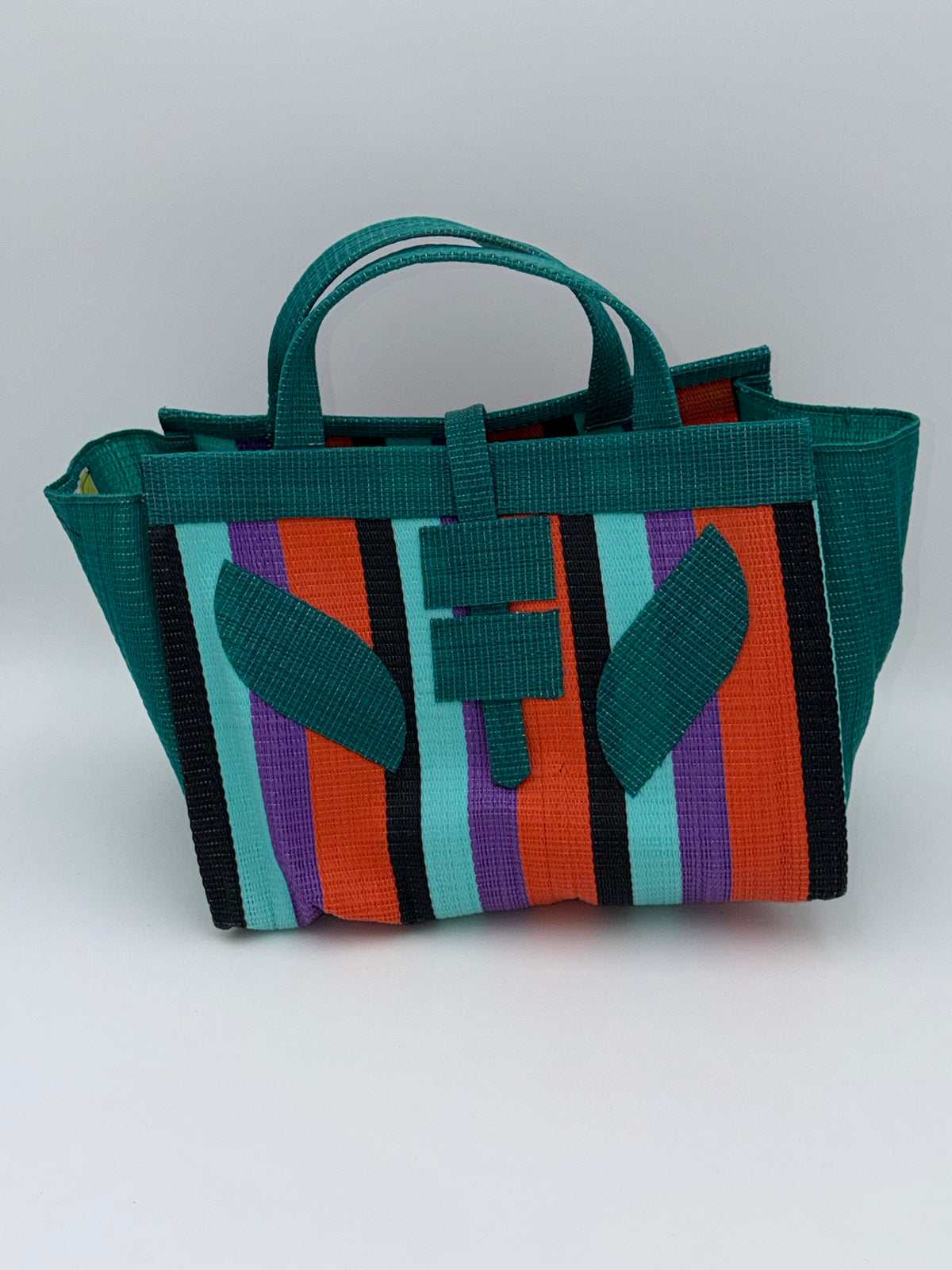 Teal Blocks Large handwoven tote bag by SCRUBIES in Green,Teal,Orange,Purple,Black with Block design and Leaf accent pattern