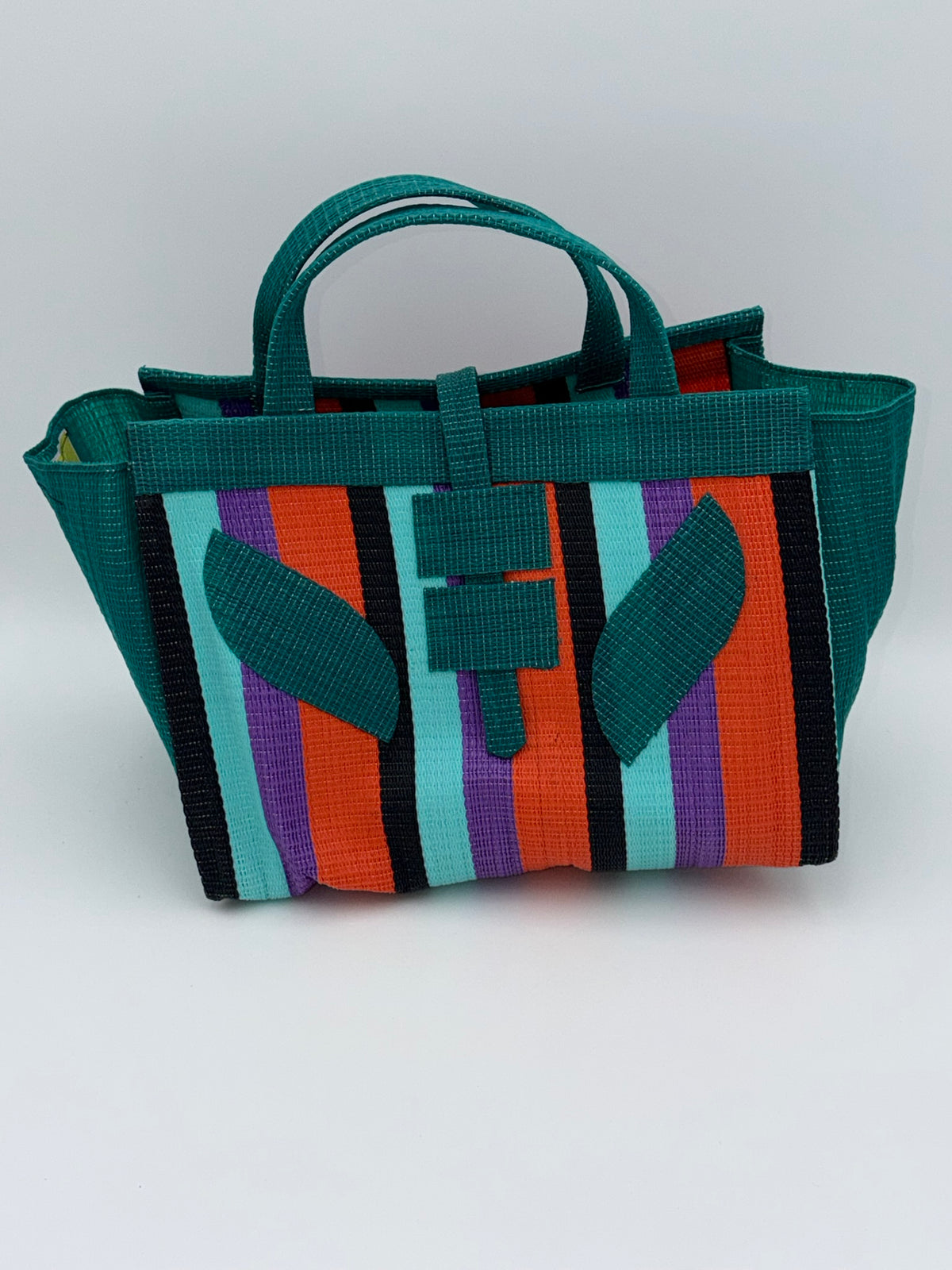 Teal Blocks Large handwoven tote bag by SCRUBIES in Green,Teal,Orange,Purple,Black with Block design and Leaf accent pattern