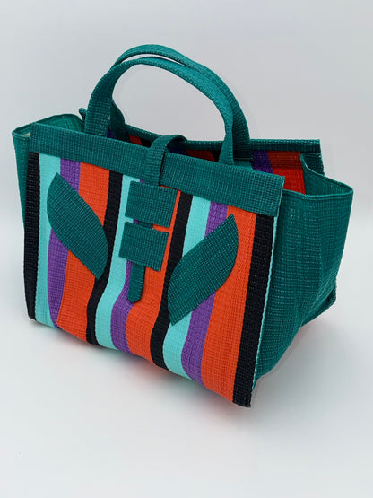 Teal Blocks Large handwoven tote bag by SCRUBIES in Green,Teal,Orange,Purple,Black with Block design and Leaf accent pattern