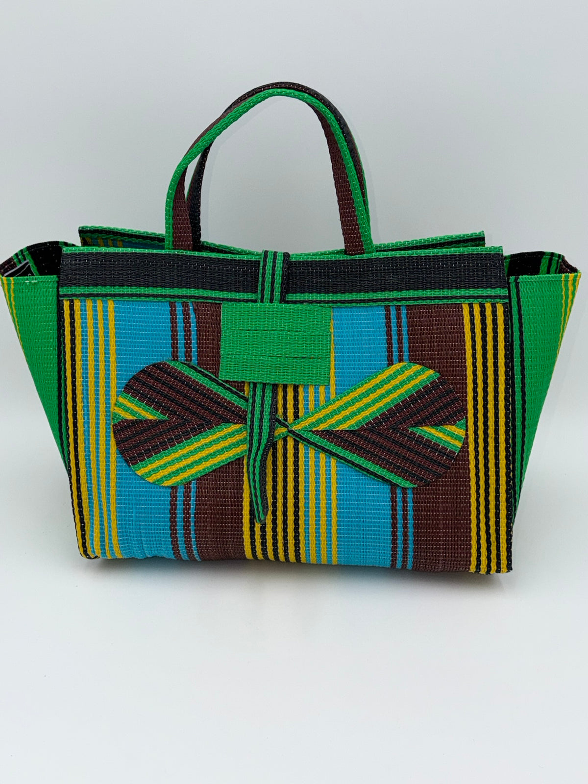 Emerald Large handwoven tote bag by SCRUBIES in Green,Blue,Brown,Black,Yellow with Stripes design and Bow accent pattern