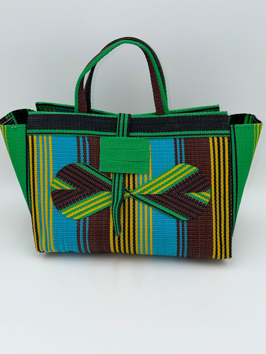 Emerald Large handwoven tote bag by SCRUBIES in Green,Blue,Brown,Black,Yellow with Stripes design and Bow accent pattern